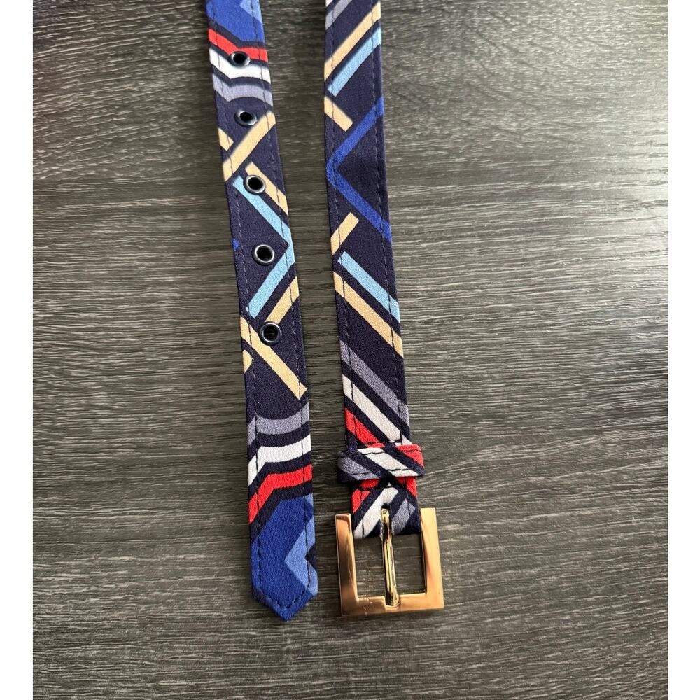 Blue Multi Color Geometric Colorful Thin Slim Womens Belt Gold Tone Buckle Sz 14 - Picture 3 of 7